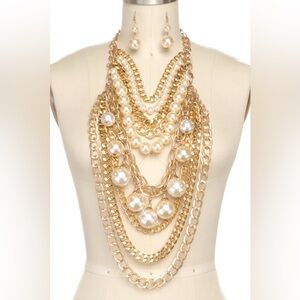 Gold Multi-Layer Pearl & Chain Statement Necklace with Earrings